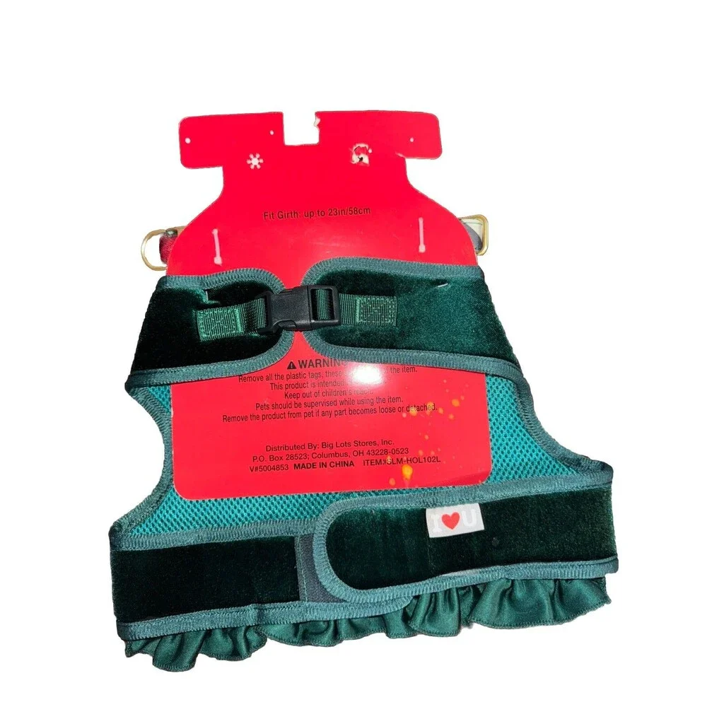 Size large green and plaid dog harness with collar/bow-new